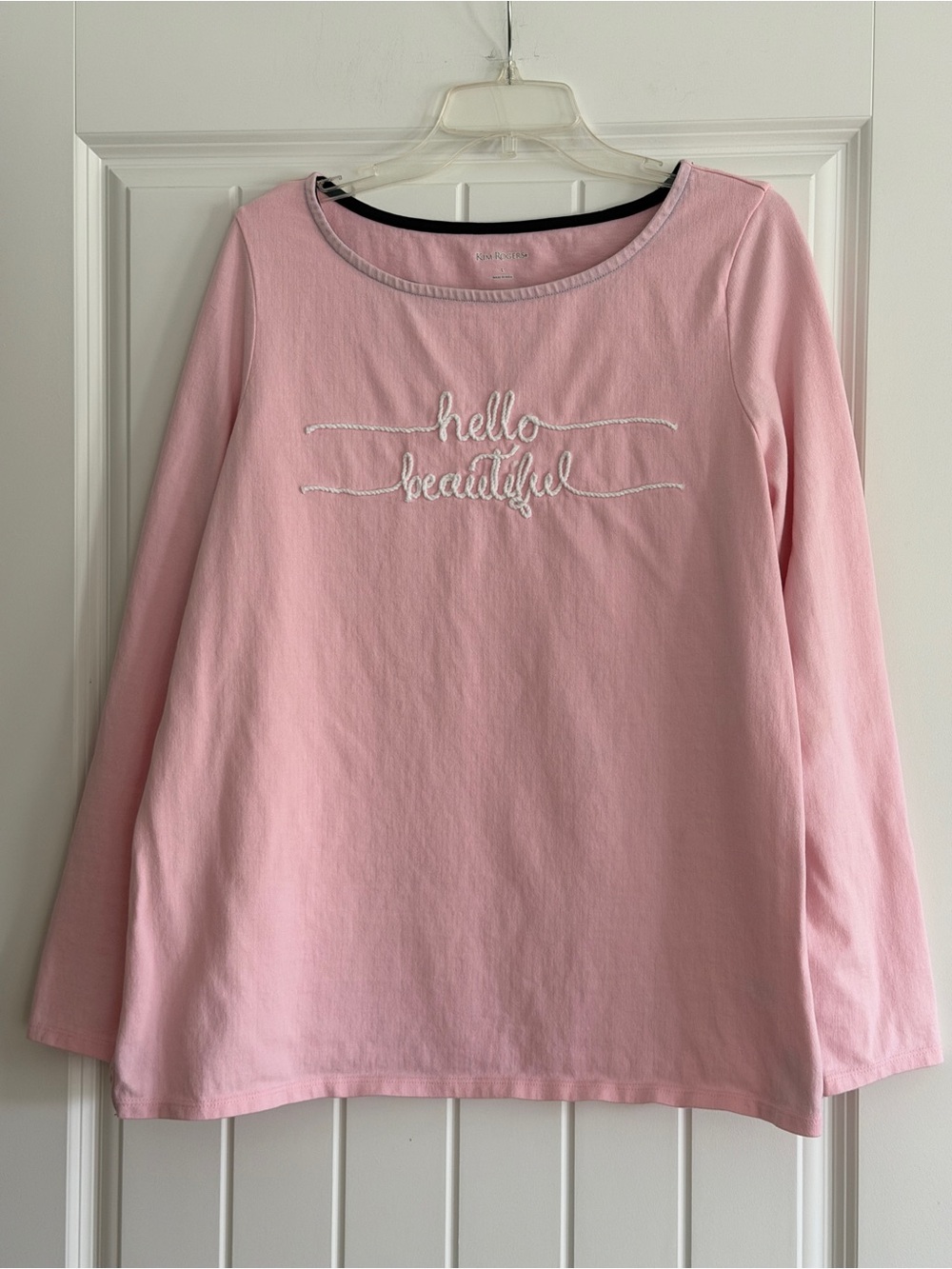 Kim Rogers Light Pink Long-Sleeve Tee with 'hello beautiful' Embroidery Size L